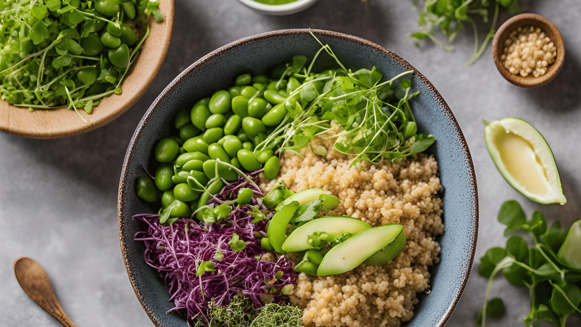 Quinoa Bowl mit Edamame und Rucola-Microgreens