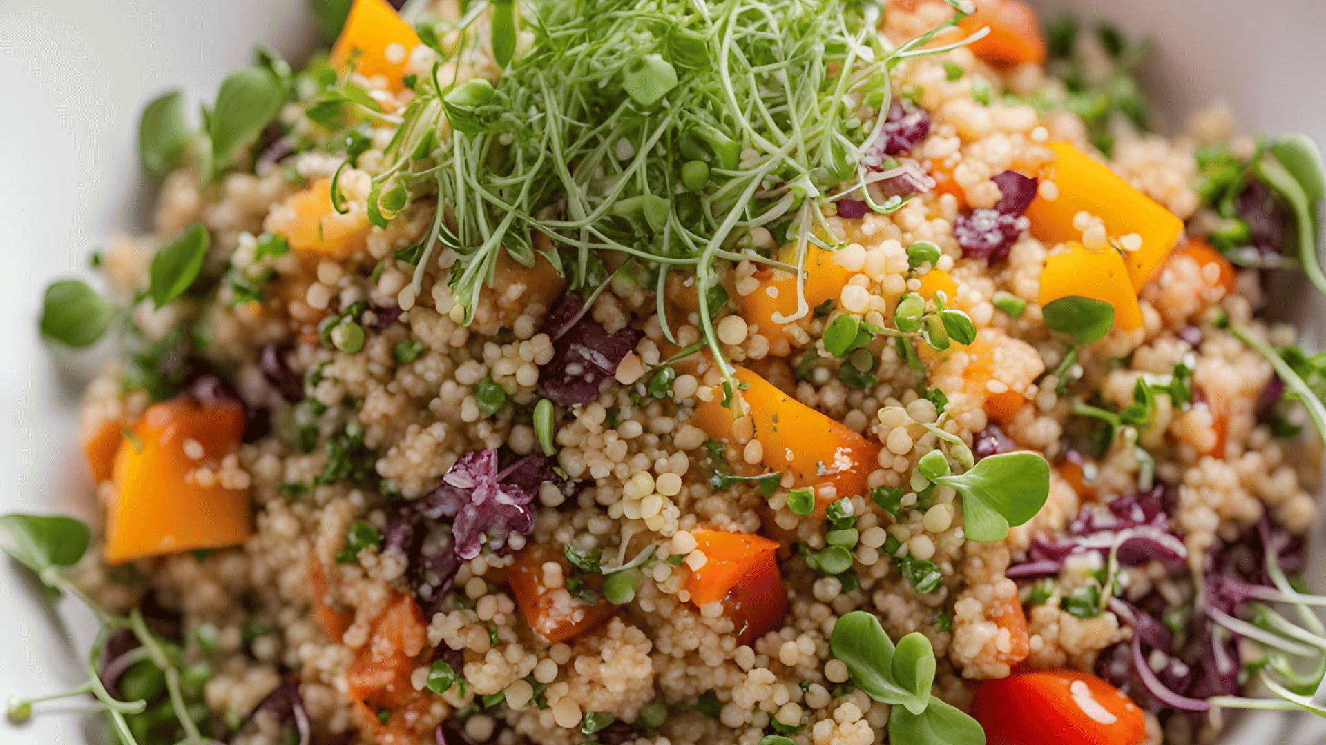 Quinoa-Salat mit Gemüse und Brokkoli-Microgreens