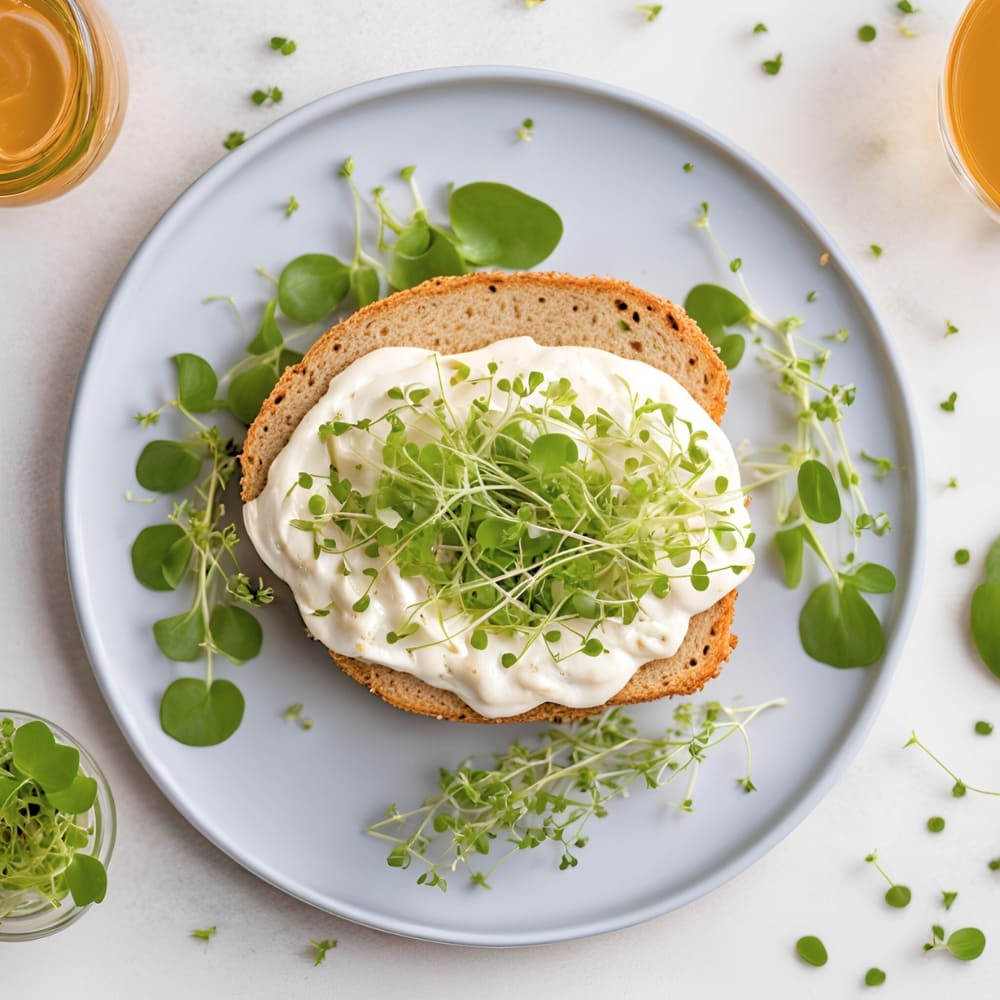 Brot mit Frischkäse und Microgreens aus der Vogelperspektive